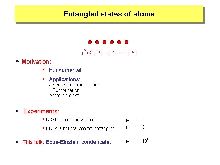 Entangled states of atoms j ª i 6= j ' 1 i j '