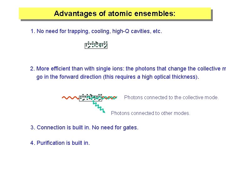 Advantages of atomic ensembles: 1. No need for trapping, cooling, high Q cavities, etc.