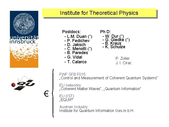 Institute for Theoretical Physics Postdocs: L. M. Duan (*) P. Fedichev D. Jaksch C.