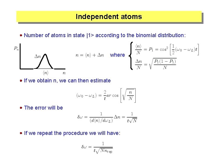 Independent atoms Number of atoms in state |1> according to the binomial distribution: where