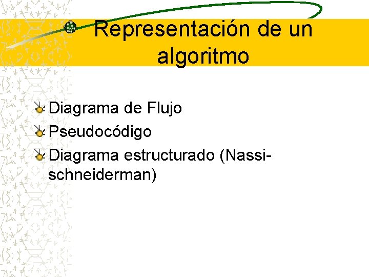 Representación de un algoritmo Diagrama de Flujo Pseudocódigo Diagrama estructurado (Nassischneiderman) 