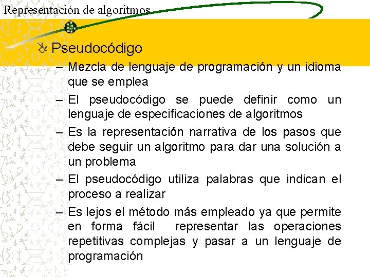 Representación de algoritmos Pseudocódigo – Mezcla de lenguaje de programación y un idioma que