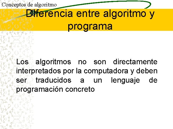 Conceptos de algoritmo Diferencia entre algoritmo y programa Los algoritmos no son directamente interpretados