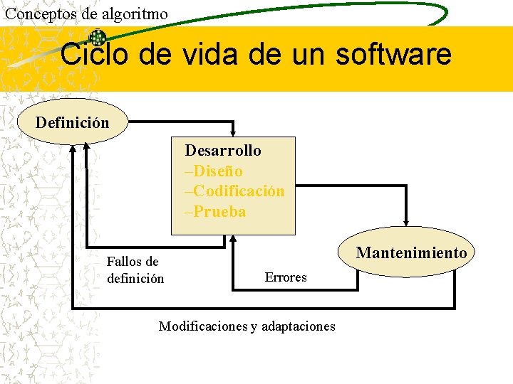Conceptos de algoritmo Ciclo de vida de un software Definición Desarrollo –Diseño –Codificación –Prueba