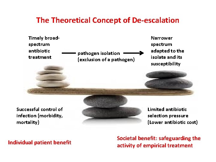 The Theoretical Concept of De-escalation Timely broadspectrum antibiotic treatment Successful control of infection (morbidity,