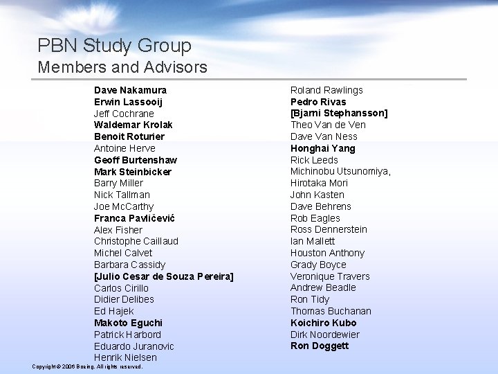 PBN Study Group Members and Advisors Dave Nakamura Erwin Lassooij Jeff Cochrane Waldemar Krolak