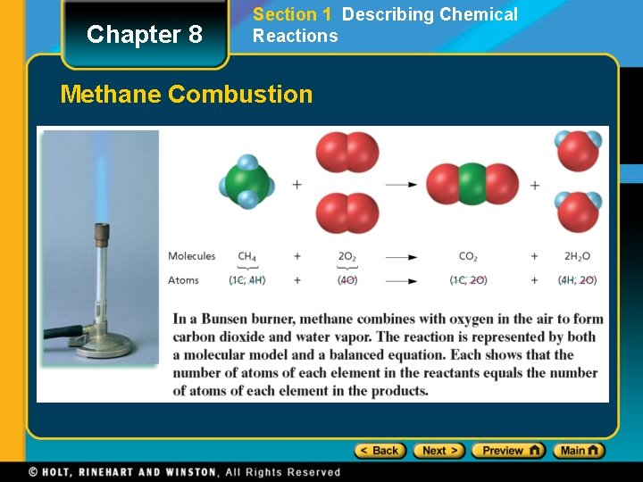 Chapter 8 Section 1 Describing Chemical Reactions Methane Combustion 