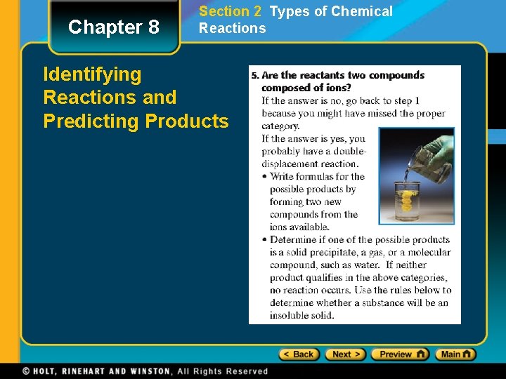 Chapter 8 Section 2 Types of Chemical Reactions Identifying Reactions and Predicting Products 