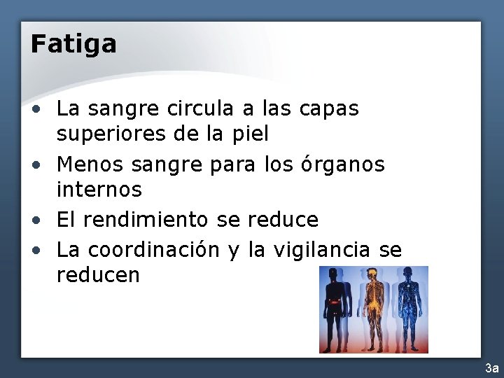 Fatiga • La sangre circula a las capas superiores de la piel • Menos