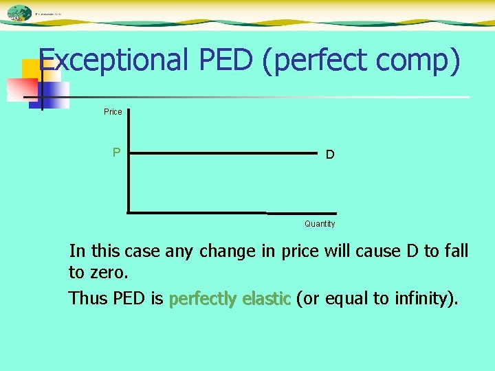 Exceptional PED (perfect comp) Price P D Quantity In this case any change in