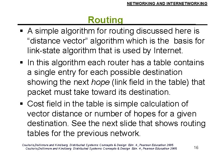 NETWORKING AND INTERNETWORKING Routing A simple algorithm for routing discussed here is “distance vector”