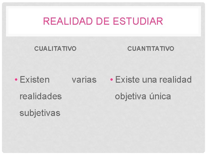 REALIDAD DE ESTUDIAR CUALITATIVO • Existen realidades subjetivas varias CUANTITATIVO • Existe una realidad