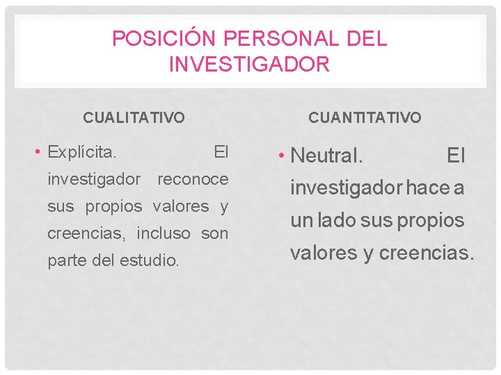 POSICIÓN PERSONAL DEL INVESTIGADOR CUALITATIVO • Explícita. CUANTITATIVO El investigador reconoce sus propios valores