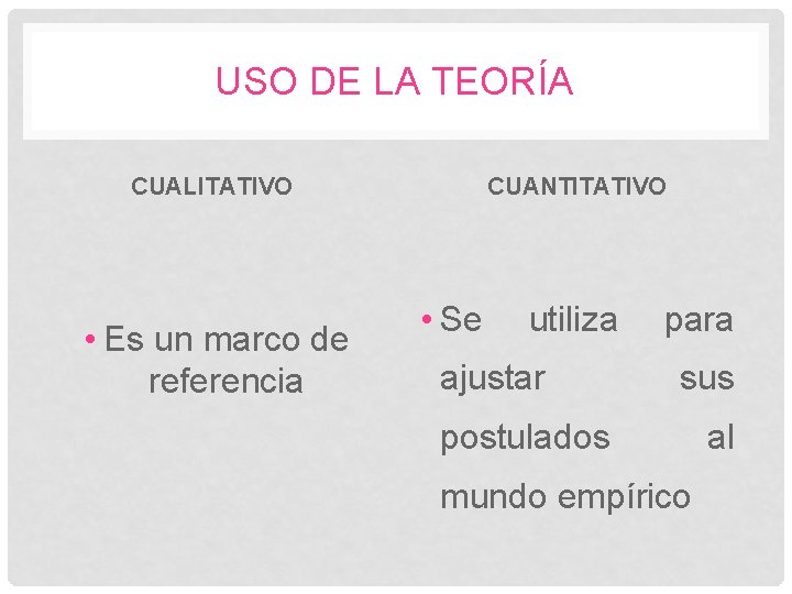 USO DE LA TEORÍA CUALITATIVO • Es un marco de referencia CUANTITATIVO • Se