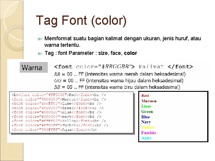 Tag Font (color) Memformat suatu bagian kalimat dengan ukuran, jenis huruf, atau warna tertentu.