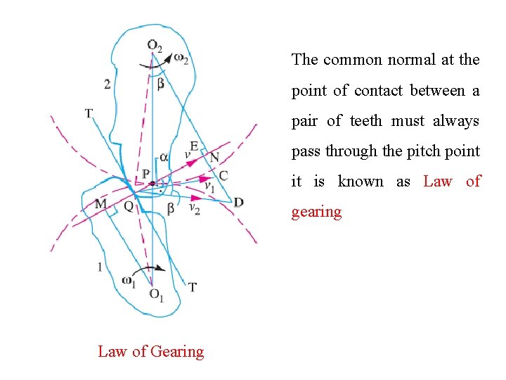 The common normal at the point of contact between a pair of teeth must