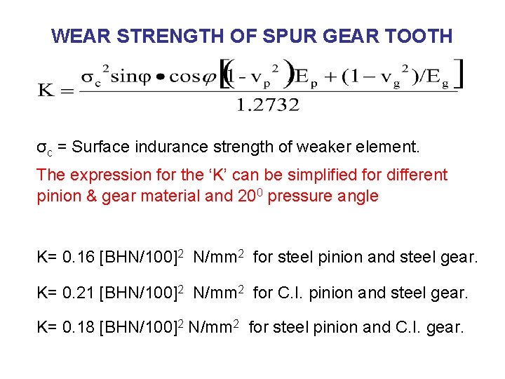 WEAR STRENGTH OF SPUR GEAR TOOTH σc = Surface indurance strength of weaker element.