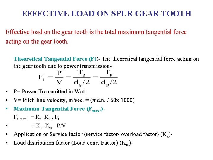 EFFECTIVE LOAD ON SPUR GEAR TOOTH Effective load on the gear tooth is the