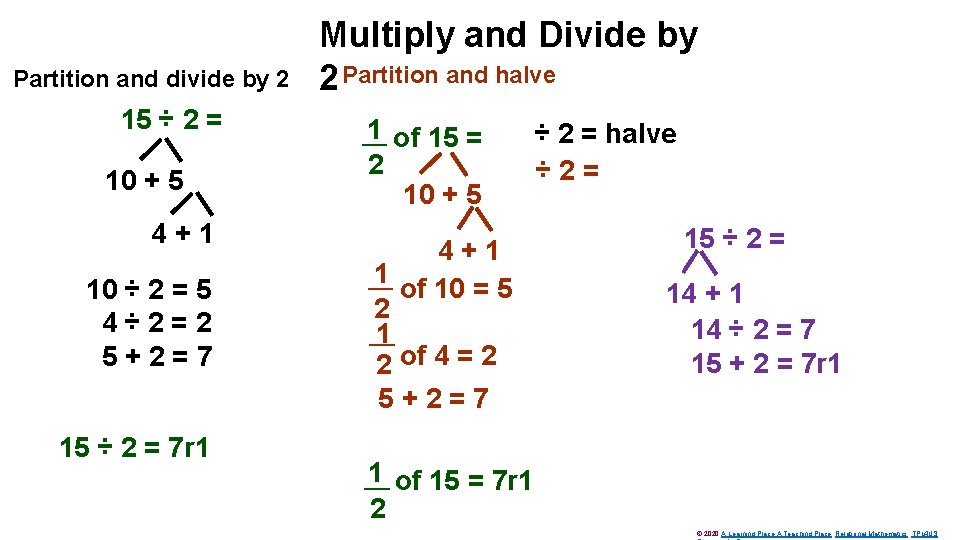 Partition and divide by 2 15 ÷ 2 = 10 + 5 4+1 10