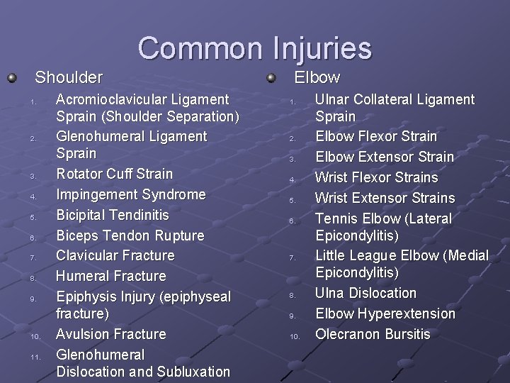 Common Injuries Shoulder 1. 2. 3. 4. 5. 6. 7. 8. 9. 10. 11.