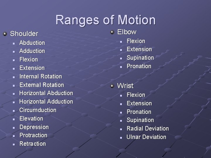 Ranges of Motion Shoulder n n n n Abduction Adduction Flexion Extension Internal Rotation