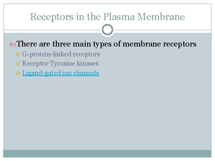 Receptors in the Plasma Membrane There are three main types of membrane receptors G-protein-linked