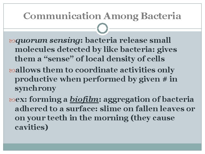 Communication Among Bacteria quorum sensing: bacteria release small molecules detected by like bacteria: gives