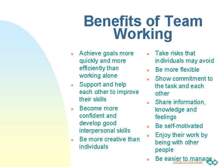 Benefits of Team Working n n Achieve goals more quickly and more efficiently than
