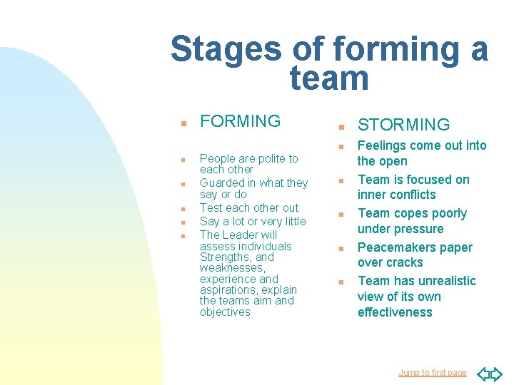 Stages of forming a team n FORMING n n n n People are polite