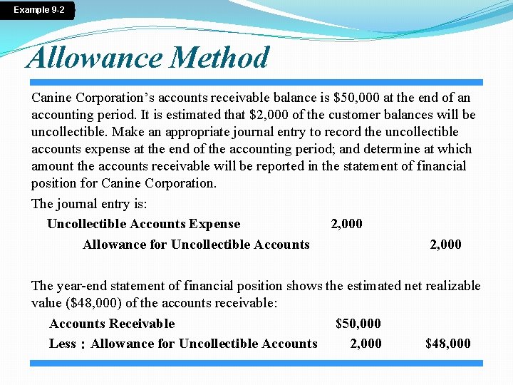 Example 9 -2 Allowance Method Canine Corporation’s accounts receivable balance is $50, 000 at