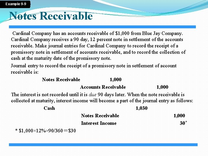 Example 9 -9 Notes Receivable Cardinal Company has an accounts receivable of $1, 000