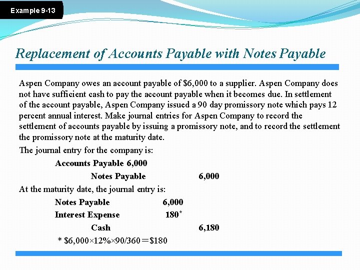 Example 9 -13 Replacement of Accounts Payable with Notes Payable Aspen Company owes an
