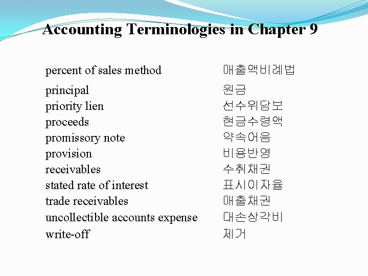 Accounting Terminologies in Chapter 9 percent of sales method 매출액비례법 principal priority lien proceeds