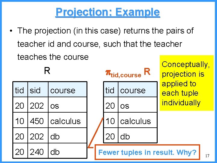 Projection: Example • The projection (in this case) returns the pairs of teacher id