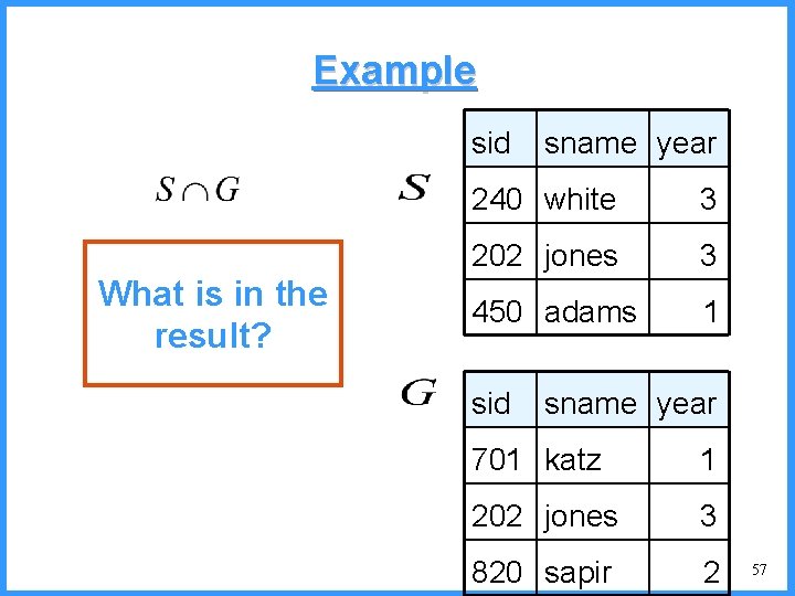 Example sid What is in the result? sname year 240 white 3 202 jones