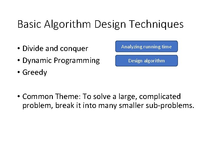 Basic Algorithm Design Techniques • Divide and conquer • Dynamic Programming • Greedy Analyzing