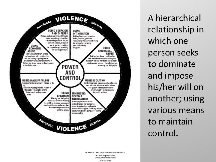 A hierarchical relationship in which one person seeks to dominate and impose his/her will