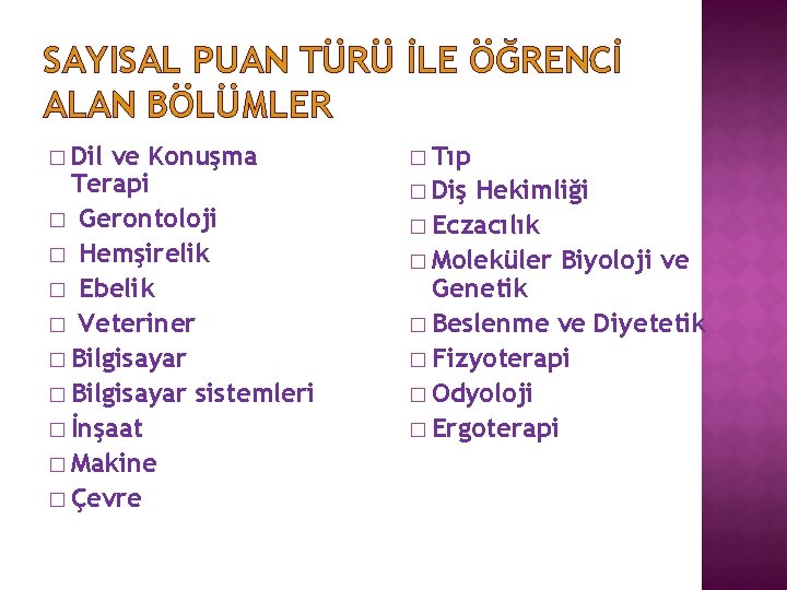 SAYISAL PUAN TÜRÜ İLE ÖĞRENCİ ALAN BÖLÜMLER � Dil ve Konuşma Terapi � Gerontoloji