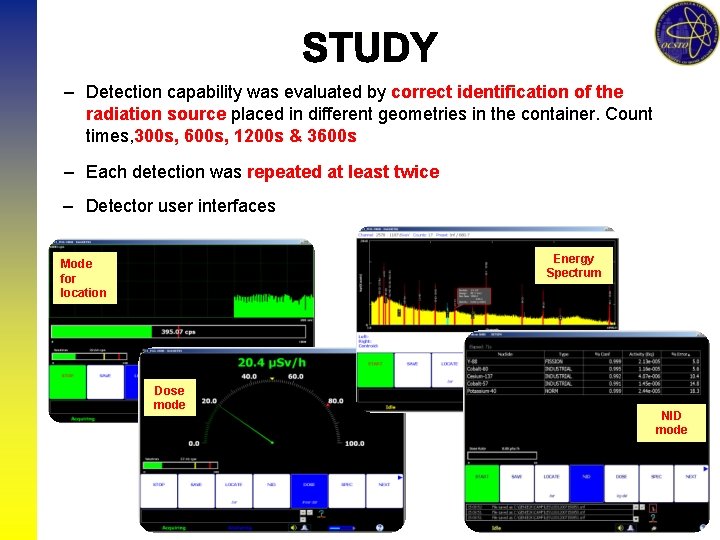 – Detection capability was evaluated by correct identification of the radiation source placed in