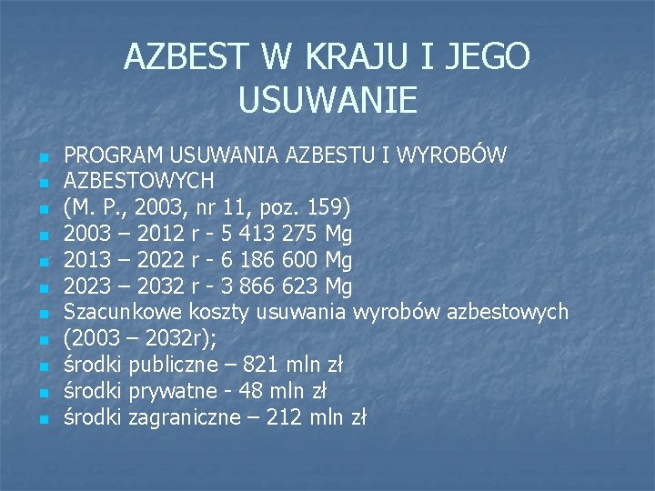 AZBEST W KRAJU I JEGO USUWANIE n n n PROGRAM USUWANIA AZBESTU I WYROBÓW