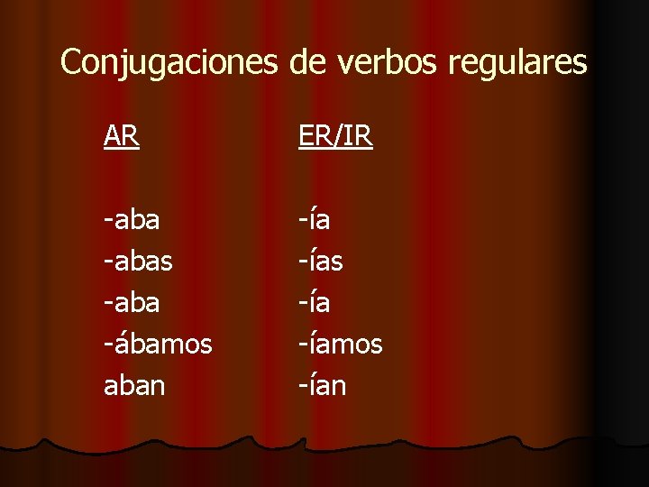 Conjugaciones de verbos regulares AR ER/IR -abas -aba -ábamos aban -ías -íamos -ían 