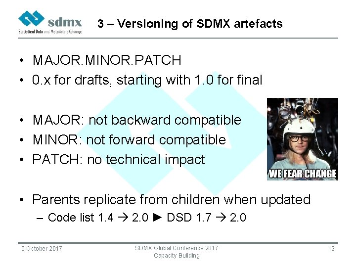 3 – Versioning of SDMX artefacts • MAJOR. MINOR. PATCH • 0. x for