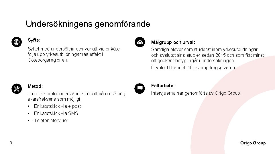 Undersökningens genomförande Syfte: Syftet med undersökningen var att via enkäter följa upp yrkesutbildningarnas effekt