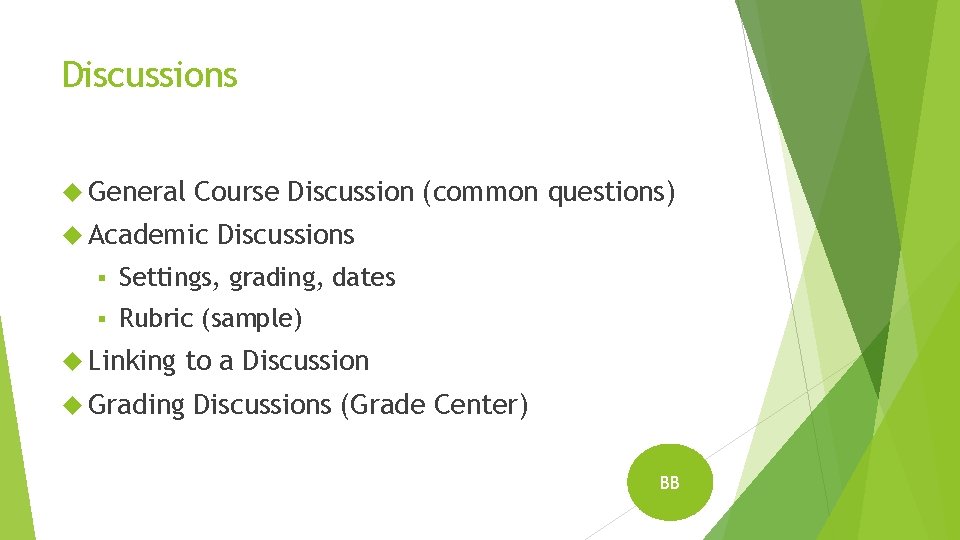 Discussions General Course Discussion (common questions) Academic Discussions § Settings, grading, dates § Rubric