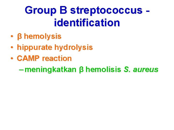 Group B streptococcus identification • • • β hemolysis hippurate hydrolysis CAMP reaction –