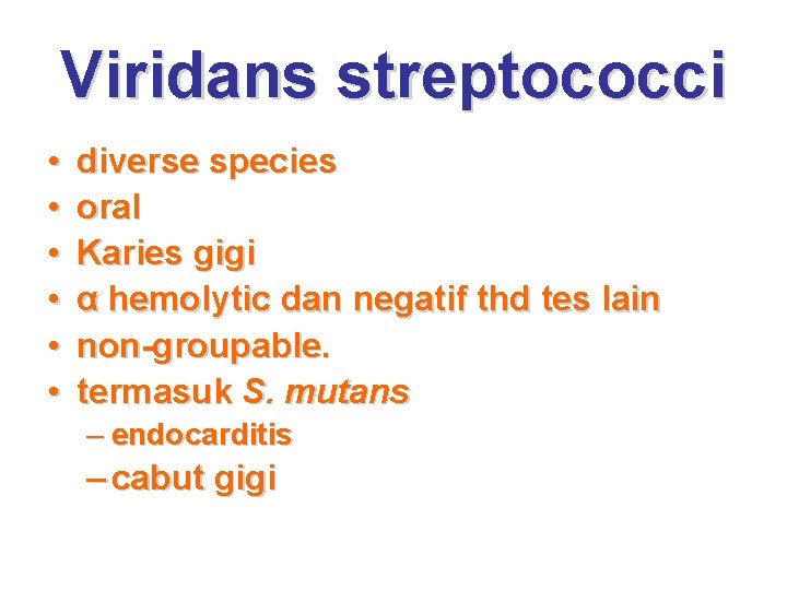 Viridans streptococci • • • diverse species oral Karies gigi α hemolytic dan negatif