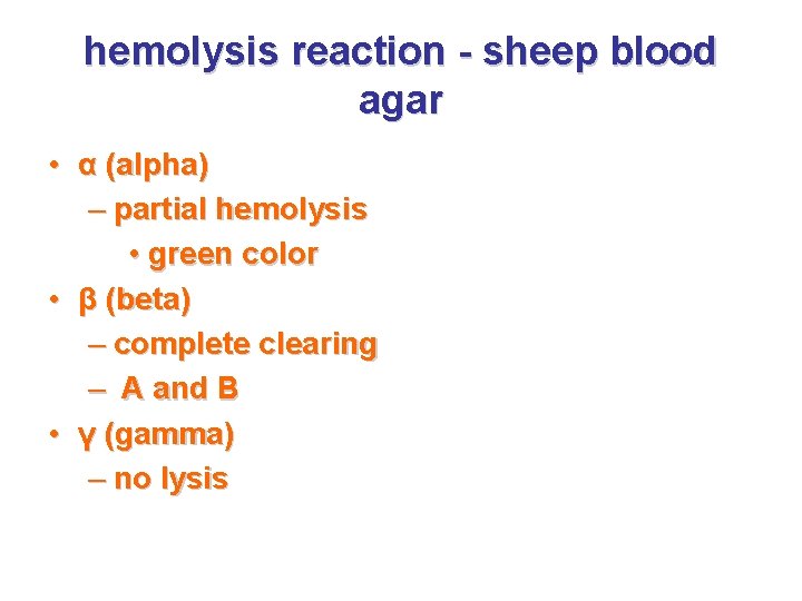hemolysis reaction - sheep blood agar • α (alpha) – partial hemolysis • green