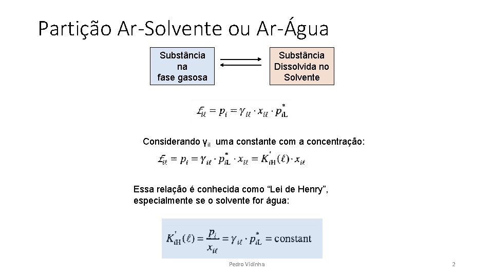 Partição Ar-Solvente ou Ar-Água Substância na fase gasosa Substância Dissolvida no Solvente Considerando γil