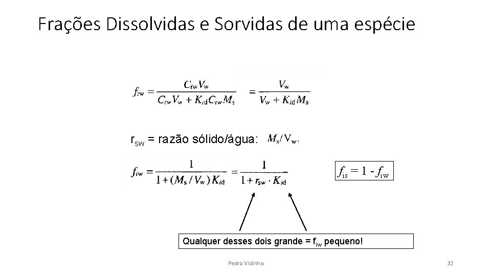 Frações Dissolvidas e Sorvidas de uma espécie rsw = razão sólido/água: fis = 1