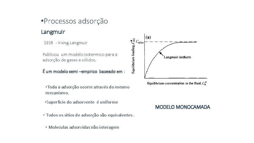  • Processos adsorção Langmuir 1916 - Irving Langmuir Publicou um modelo isotermico para